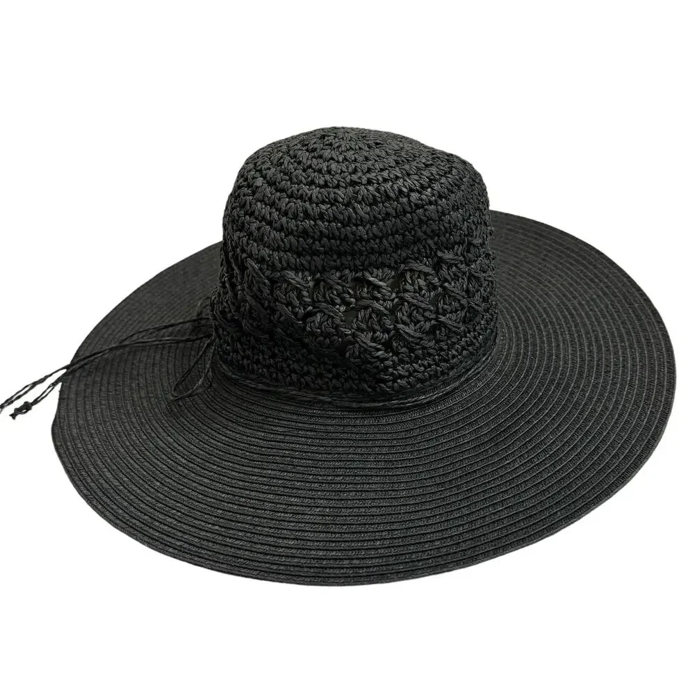 JONES NEW YORK Black Paper Straw Hat One Size Crochet Boho Wide Brim